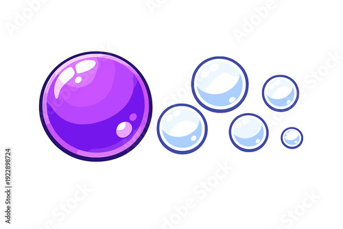 A large purple glossy bubble sits next to five smaller light blue bubbles of varying sizes against a solid black background. The spheres feature bright highlights and cartoon styling.