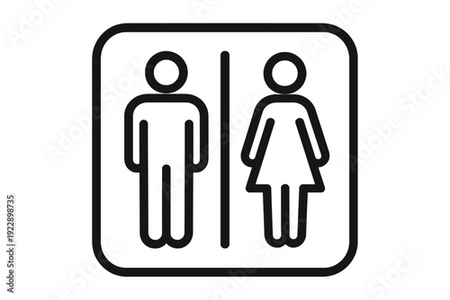 A black and white line art icon depicting male and female figures separated by a vertical line inside a rounded square frame, commonly used as a restroom or toilet sign.