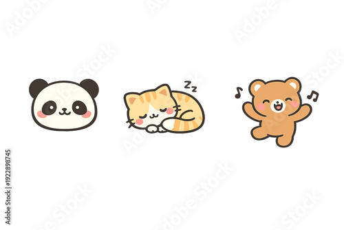 A collection of three adorable kawaii animal illustrations featuring a panda face, a sleeping orange tabby cat, and a happy dancing brown bear on a solid black background.