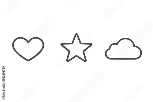A minimalist horizontal row of three simple outline icons featuring a heart, a five-pointed star, and a fluffy cloud, all set against a solid black background for a clean look.