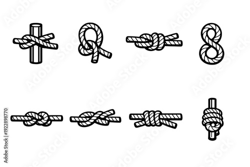 This set features eight distinct rope knots and hitches rendered in a clean white line art style against a black background. It includes common nautical, sailing, and climbing knots.