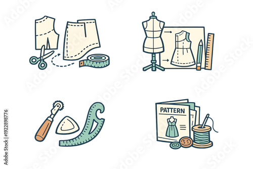 A collection of four flat vector illustrations featuring sewing and dressmaking tools including patterns, a mannequin, scissors, thread, buttons, and rulers on a black background.