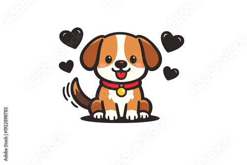 A cheerful cartoon dog with brown and white patches sits against a black backdrop. It features a red collar, a wagging tail, and is surrounded by several dark heart icons.