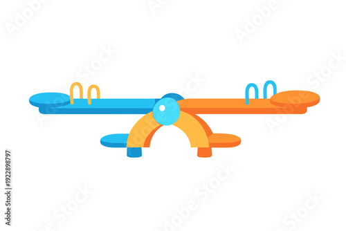 A colorful cartoon illustration of a blue and orange seesaw balanced on a central pivot against a black background. The playground equipment features handles and seats on both ends.