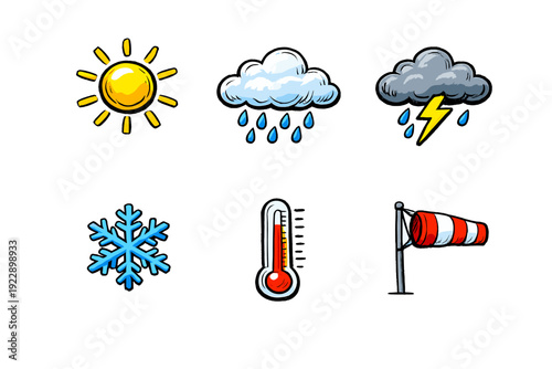 This set of six hand-drawn weather icons includes a bright sun, rainy cloud, lightning storm, blue snowflake, red thermometer, and a windsock on a black background.