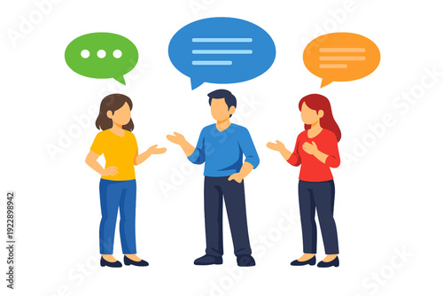 Three faceless people are standing and talking to each other. Colorful speech bubbles with text lines and dots appear above them in this flat vector illustration.