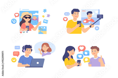 Four flat vector illustrations showing diverse people engaging in social media activities like taking selfies, video chatting, and sharing content on digital devices.