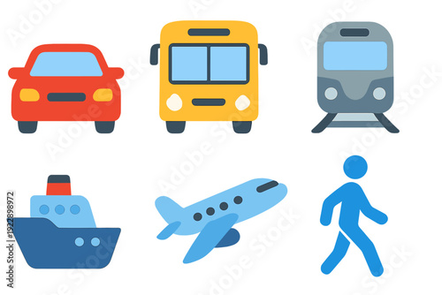 A collection of six colorful transportation icons including a red car, yellow bus, grey train, blue ship, blue airplane, and a walking person silhouette on a black background.