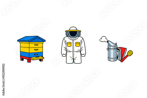 A set of colorful cartoon illustrations featuring a beehive, a protective beekeeper suit with a veil, a metal smoker emitting white smoke, and a wooden honey dipper on a black background.