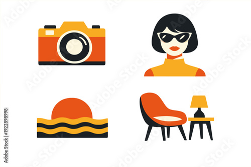 A collection of four flat design icons featuring a camera, a woman with sunglasses, a sunset over the ocean, and a modern living room chair with a lamp on a black background.