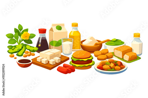 A collection of various soy-based food products including tofu, soy milk, edamame, and a veggie burger, presented in a colorful cartoon illustration style on a black background.
