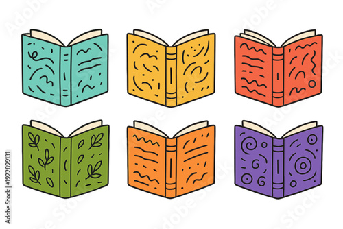 Six stylized open books with decorative covers are displayed in two rows against a black background. The books come in various colors including green, orange, purple, and yellow.