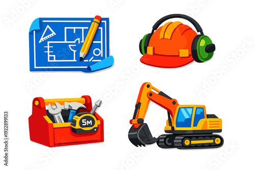 A set of four construction icons featuring a blue architectural blueprint with a pencil, an orange safety helmet with a red brim and green earmuffs, a red toolbox with tools, and an orange excavator.