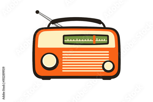 A vintage-style orange radio illustration with a black handle and antenna, featuring a green tuning dial and two knobs on a black background. This retro electronic device is shown in a flat style.