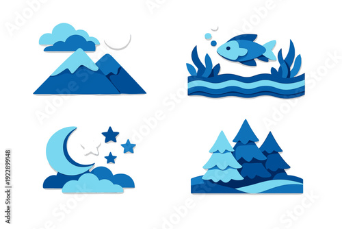 A set of four papercut style illustrations featuring nature scenes like mountains, underwater life with a fish, a night sky with a crescent moon, and a forest of pine trees in blue.
