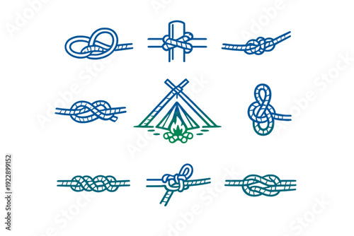 A collection of blue line art icons depicting various rope knots and a central green illustration of a campfire in front of a tent, set against a solid black background.
