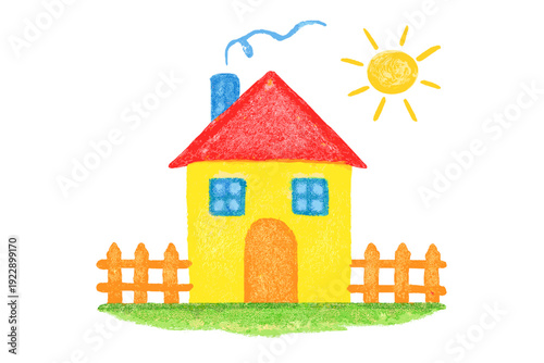 A colorful child-like drawing of a yellow house with a red roof, blue chimney, and orange fence on green grass under a bright yellow sun, set against a solid black background.