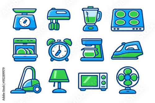 A collection of twelve household appliance icons in a blue and green color scheme on a black background, including a blender, microwave, vacuum cleaner, and coffee maker.