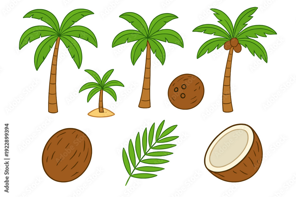 Obraz premium A collection of cartoon coconut palm tree illustrations featuring various tree sizes, whole coconuts, a half coconut, and a single green palm leaf on a black background.