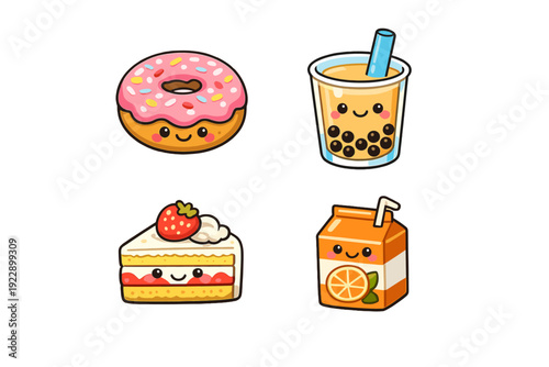 A collection of four cute kawaii food and drink illustrations featuring a pink donut, bubble tea, strawberry cake slice, and orange juice carton on a black background.