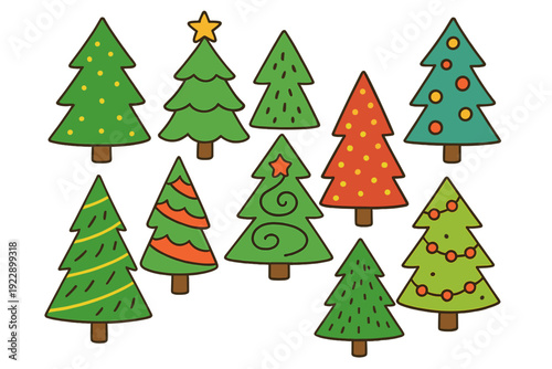 A collection of ten stylized Christmas tree illustrations in various designs and colors, featuring festive patterns like stars, dots, and garlands on a solid black background.