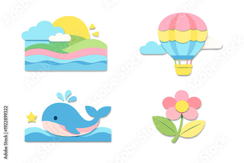 A collection of four paper-cut style illustrations featuring a landscape with a sun, a hot air balloon, a blue whale in the ocean, and a pink flower on a black background.