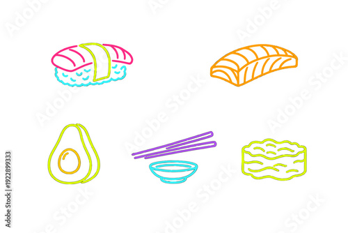 Vibrant neon icons of sushi, salmon, avocado, chopsticks with a dipping bowl, and a textured food item are displayed on a black background in a minimalist line art style.