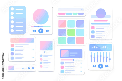 A collection of modern user interface widgets and components featuring soft pastel gradients and minimalist design elements like music players, search bars, and profile cards.