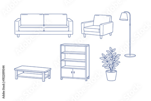A collection of blue line art illustrations featuring various furniture items including a sofa, armchair, floor lamp, coffee table, bookshelf, and a potted plant on a white background.