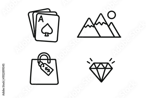 A set of four minimalist line icons featuring playing cards, mountain peaks with a sun, a shopping bag with a price tag, and a sparkling diamond on a dark background.