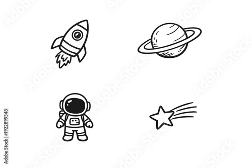 A collection of four hand-drawn space icons including a rocket ship, a ringed planet, an astronaut in a suit, and a shooting star, all depicted in white line art on a black background.