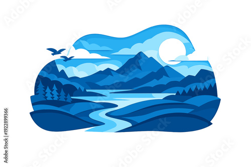 A stylized paper-cut illustration of a blue mountain landscape featuring a winding river, pine trees, and a bright sun in a cloudy sky with birds flying over the peaks.
