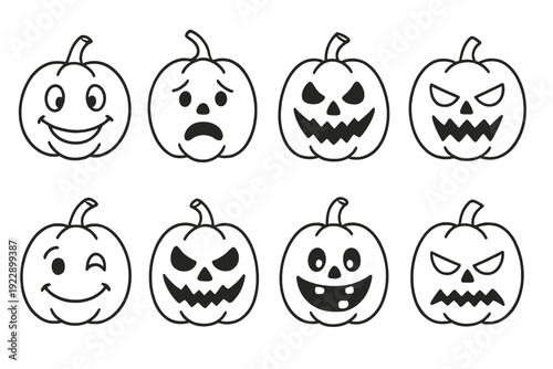 A collection of eight black and white line art illustrations of jack-o'-lantern pumpkins with various facial expressions, arranged in two rows on a plain white background.
