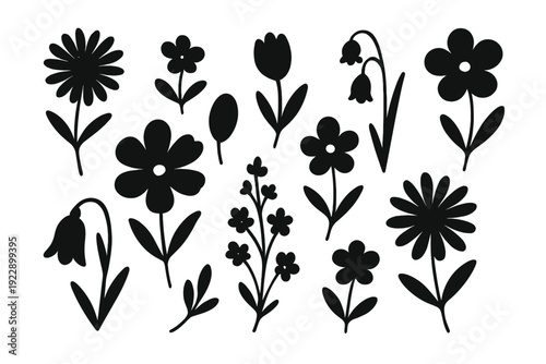 A collection of black floral silhouettes featuring various flower types, stems, and leaves arranged together. This minimalist set includes daisies, tulips, and bellflowers.