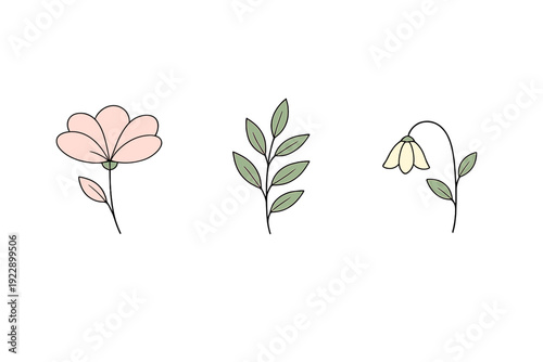 Three minimalist botanical illustrations featuring a pink flower, a green leafy branch, and a white bell flower set against a solid black background in a simple hand-drawn style.