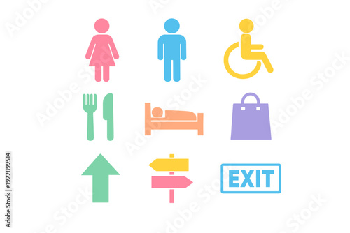This set features nine vibrant minimalist icons on a black background including symbols for male, female, disabled access, food, hotel, shopping, arrows, and an exit sign.