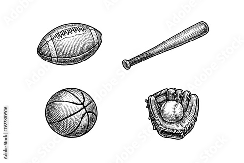 A collection of hand-drawn sports equipment including an American football, a baseball bat, a basketball, and a baseball glove with a ball, all rendered in a vintage sketch style.