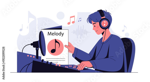 Young Person Creating Music with Headphones and Mixing Desk