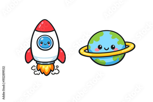 A cute cartoon rocket ship with a smiling face blasts off next to a happy planet with rings. Both characters feature a kawaii style with bright colors against a solid black background.