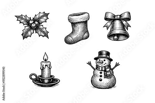 This collection features five monochrome Christmas illustrations: holly berries, a holiday stocking, a bell with a bow, a lit candle, and a snowman, all in a detailed sketch style.