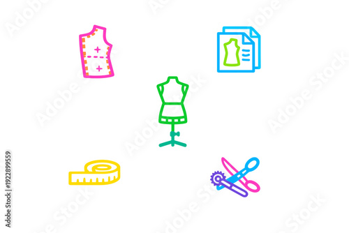A collection of colorful neon icons representing tailoring and sewing tools, including a dress form, measuring tape, scissors, and patterns, set against a solid black background.