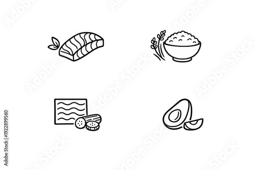 A collection of four minimalist line art icons featuring healthy food items including a salmon fillet, a bowl of rice with grains, tofu with cucumber slices, and a sliced avocado.