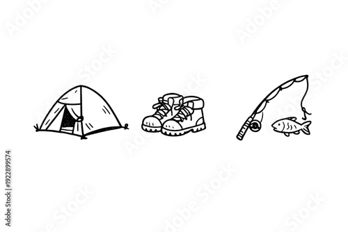 A black and white hand-drawn illustration featuring three outdoor activity icons: a camping tent, a pair of hiking boots, and a fishing rod with a small fish on a white background.