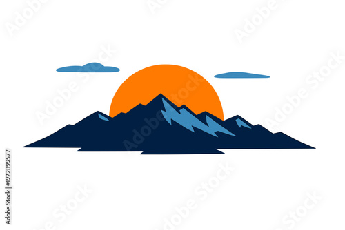 This minimalist vector graphic features a dark blue mountain range silhouetted against a large orange sun with two blue clouds, all set on a solid black background for a clean look.