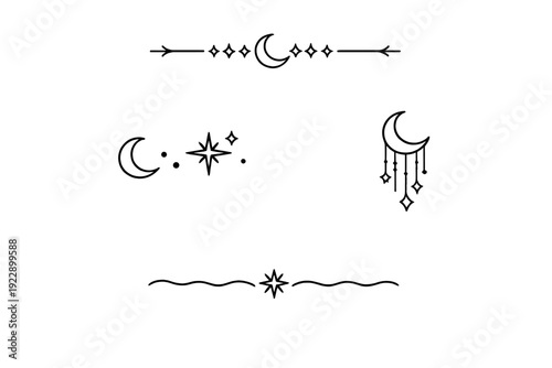 This set features black celestial line art illustrations of crescent moons, stars, and decorative horizontal dividers. The minimalist design is suitable for mystical or occult themes.