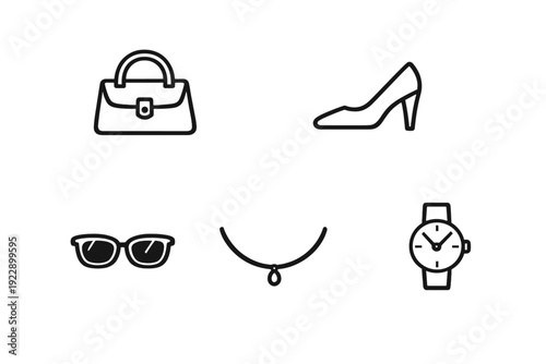 A collection of five minimalist fashion accessory icons including a handbag, high-heeled shoe, eyeglasses, necklace, and wristwatch, presented as black line art on a solid white background.