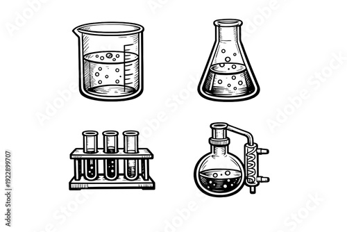 A collection of four hand-drawn laboratory glassware icons including a beaker, Erlenmeyer flask, test tubes in a rack, and a distillation setup, presented in a white on black woodcut style.