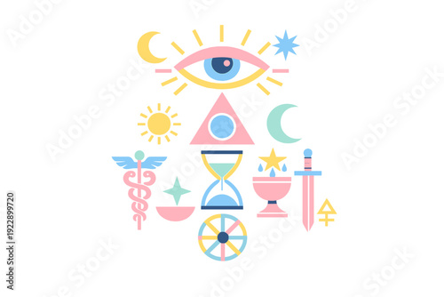 This flat vector illustration features various mystical icons like an all-seeing eye, crescent moon, sun, hourglass, and chalice in pastel colors against a solid black background.
