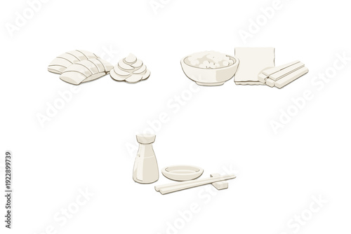 A collection of stylized cream-colored illustrations featuring sushi, a bowl of rice, nori, soy sauce, and chopsticks arranged on a solid black background in a minimalist design.
