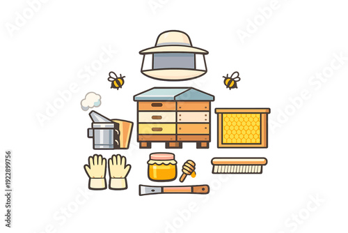 This flat vector illustration features essential beekeeping tools like a wooden beehive, smoker, honey jar, protective veil, and gloves, set against a solid black background.